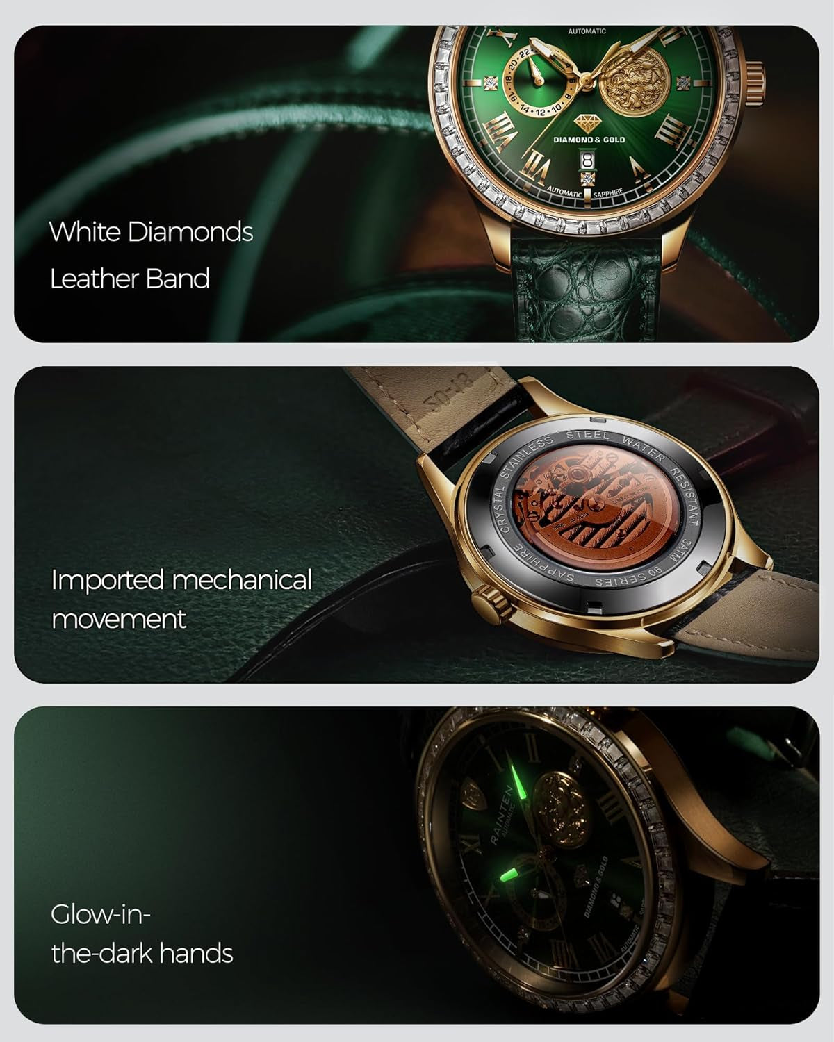 Watches for Men, Luxury Mechanical Men'S Automatic Watch with 999 Gold, Leather Band & Date Calendar Luminous Men‘S Wrist Watches