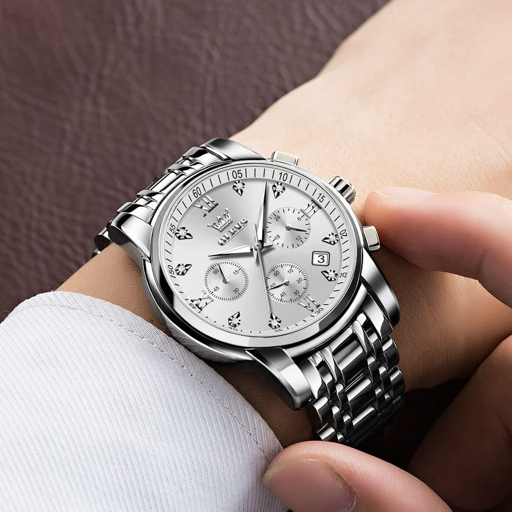 Men'S Stainless Steel Chronograph Watch, Big Face Gold Silver Black Tone Easy to Read Analog Quartz Watch, Luxury Waterproof Date Diamond Roman Arabic Numerals Dial Dress Watch for Men