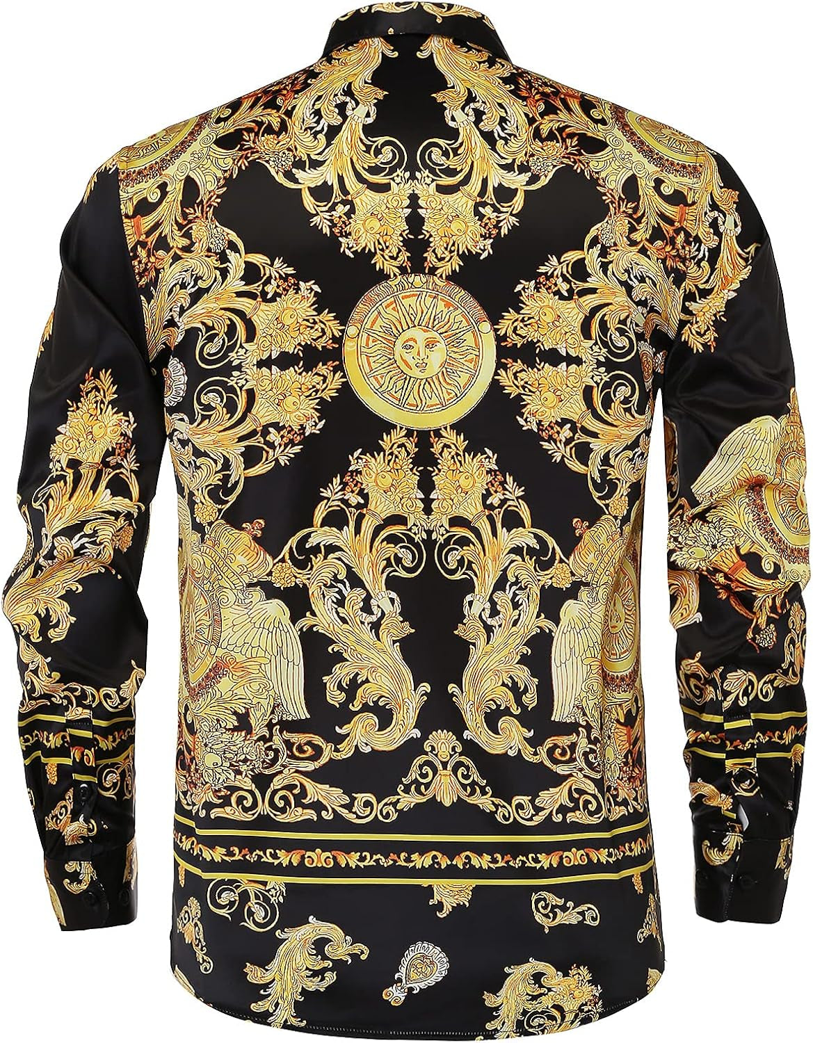 Mens Luxury Brand Printed Silk like Satin Button down Dress Shirt for Party Prom Long Sleeve Slim Fit Floral Nightclub Shirt