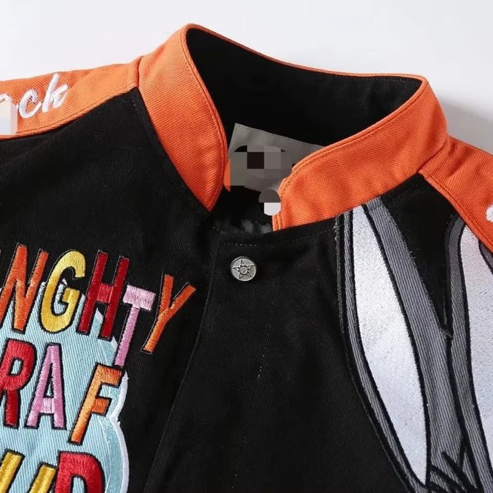 Mens Jacket Y2K Cartoon Character Embroidery Contrast Motorcycle Style Outwear Street Hip Hop Trend Loose Graphic Unisex Clothes