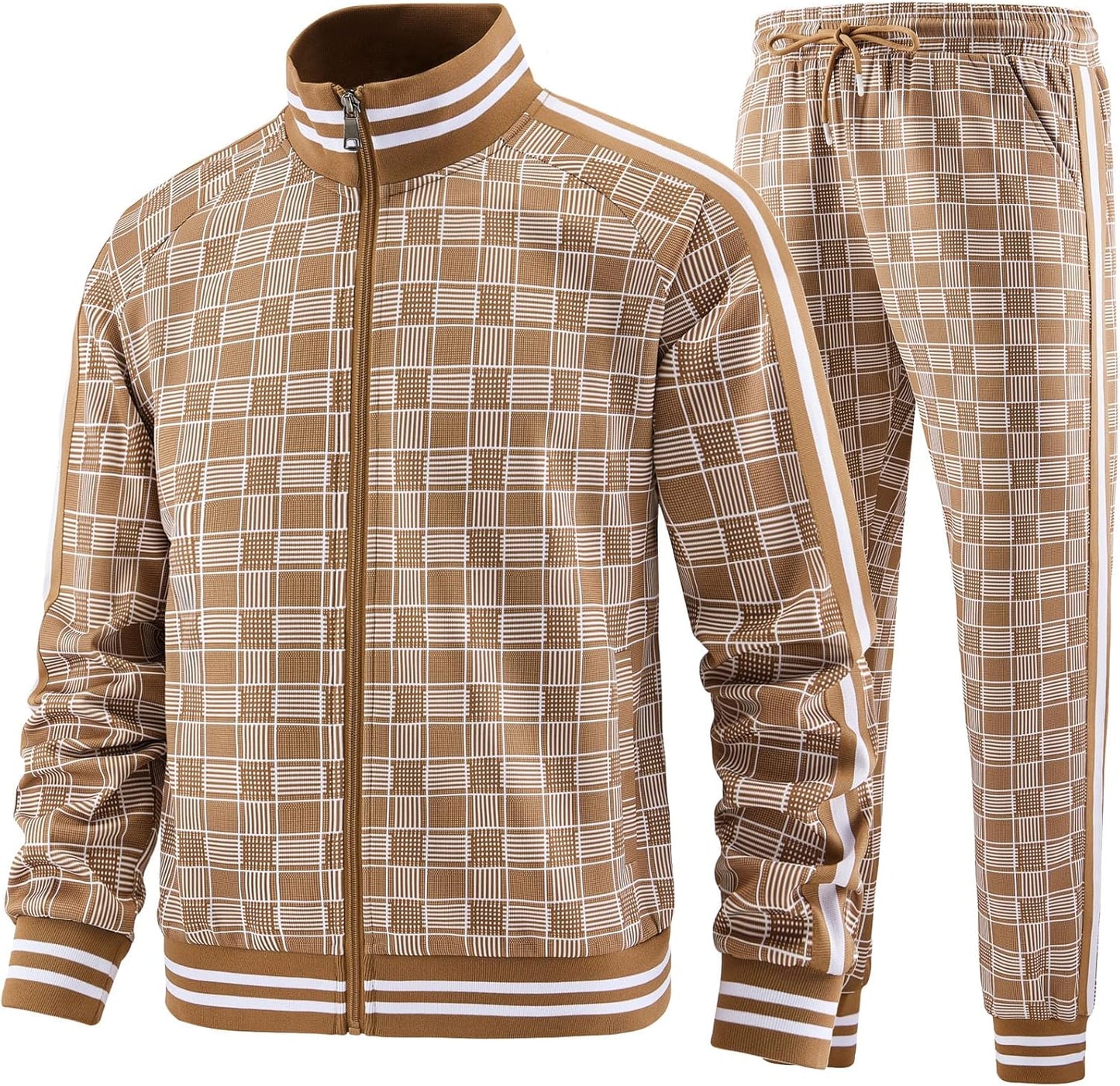 Men Tracksuits Full-Zip Long Sleeve Plaid Track Jackets and Pants 2 Piece