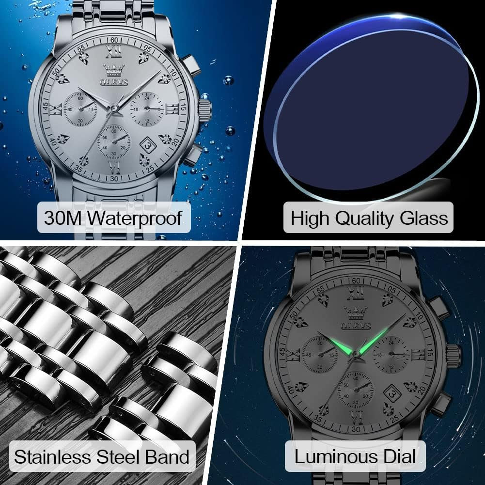 Men'S Stainless Steel Chronograph Watch, Big Face Gold Silver Black Tone Easy to Read Analog Quartz Watch, Luxury Waterproof Date Diamond Roman Arabic Numerals Dial Dress Watch for Men