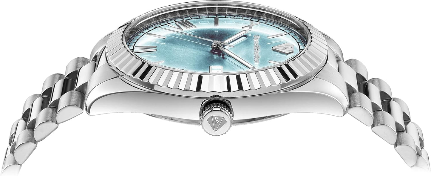 PR9841 Men’S Luxury Watch – Silver Stainless Steel Japanese Quartz Watch, 41Mm, 5ATM Water Resistant, Scratch-Resistant Mineral Glass