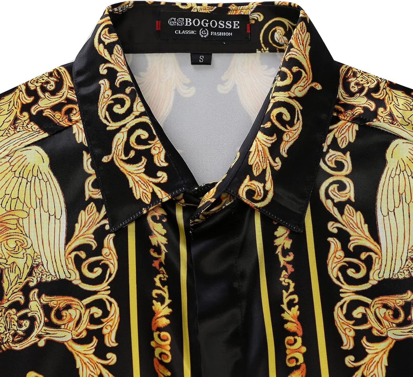 Mens Luxury Brand Printed Silk like Satin Button down Dress Shirt for Party Prom Long Sleeve Slim Fit Floral Nightclub Shirt