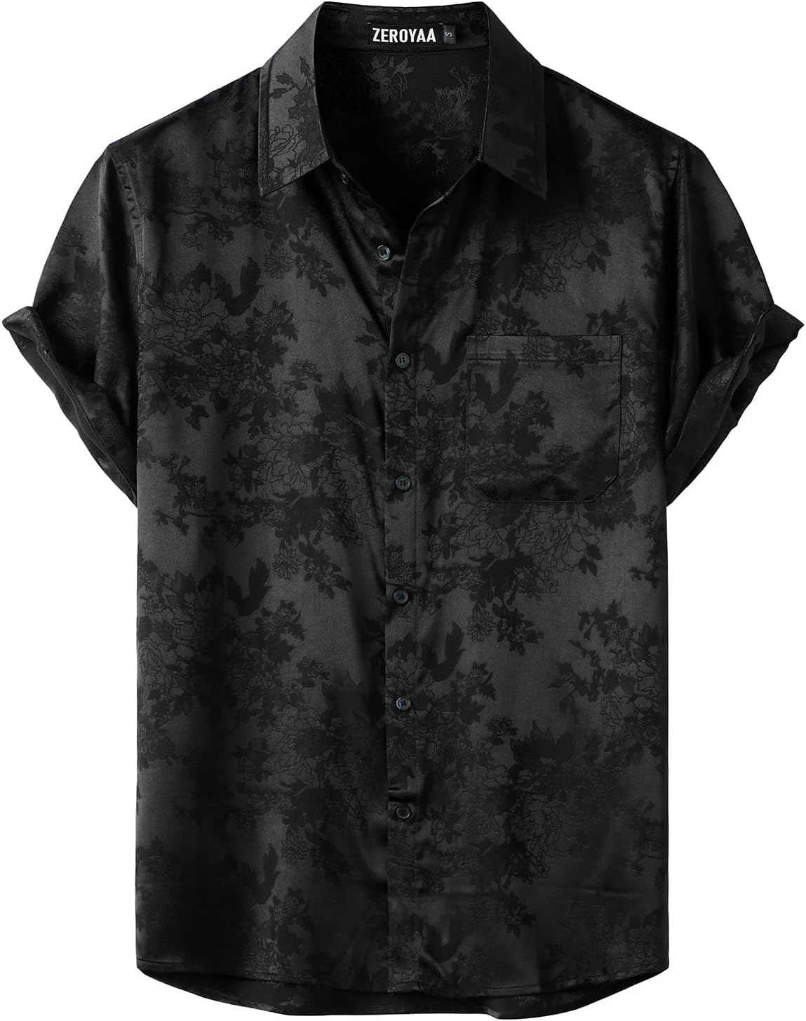 Men'S Shiny Luxury Silk Satin Floral Jacquard Short Sleeve Regular Fit Button down Shirt for Party Prom
