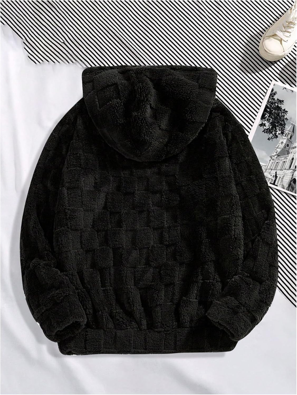 Hoodies for Men Letter Graphic Pullover Hoodie Sherpa Embroidery Long Sleeve Fleece Hooded Sweatshirt