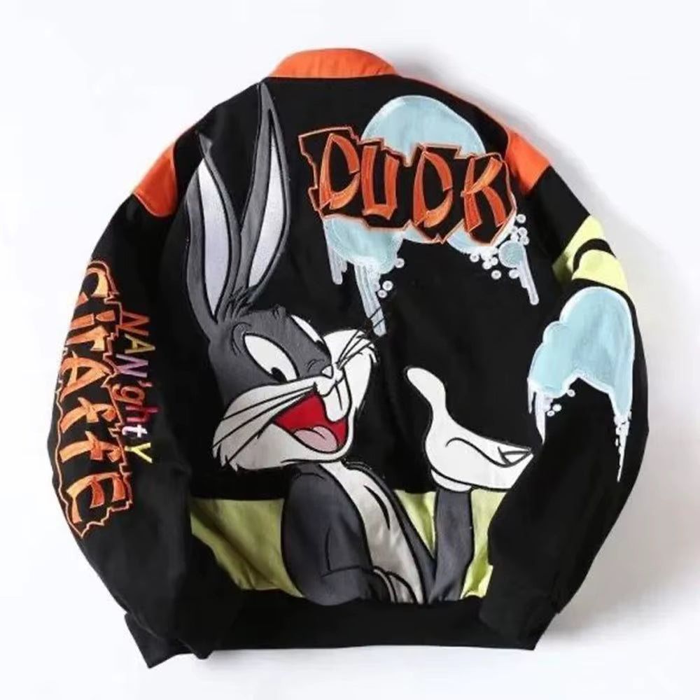 Mens Jacket Y2K Cartoon Character Embroidery Contrast Motorcycle Style Outwear Street Hip Hop Trend Loose Graphic Unisex Clothes