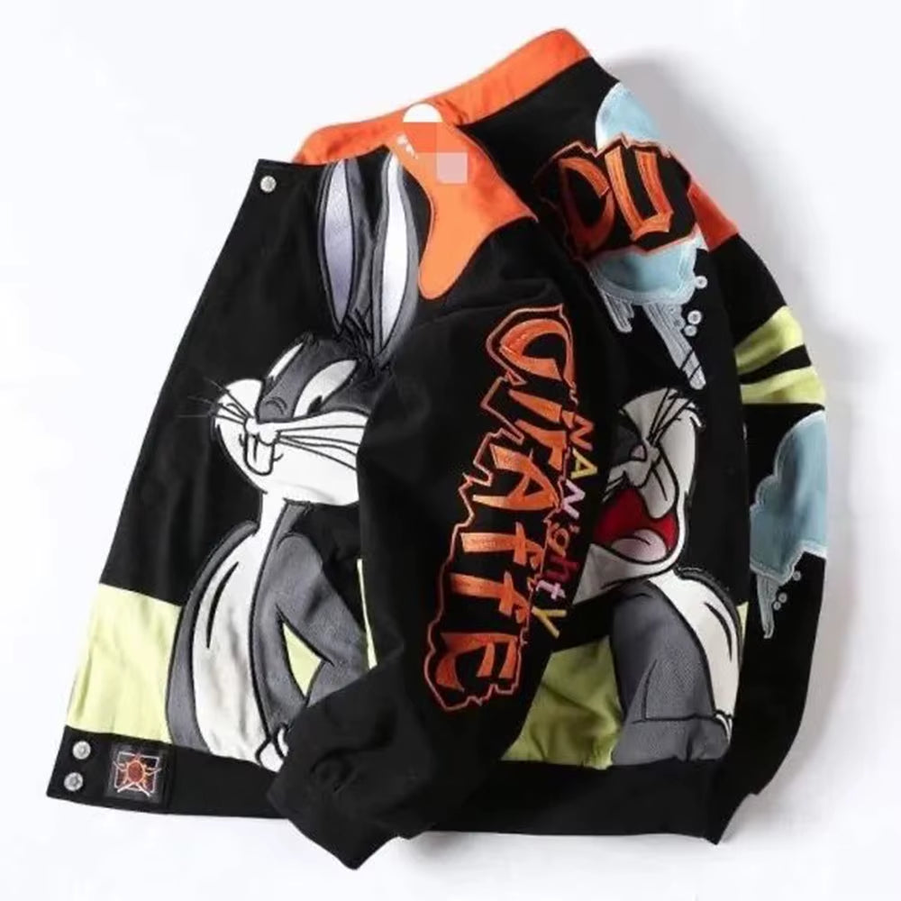 Mens Jacket Y2K Cartoon Character Embroidery Contrast Motorcycle Style Outwear Street Hip Hop Trend Loose Graphic Unisex Clothes