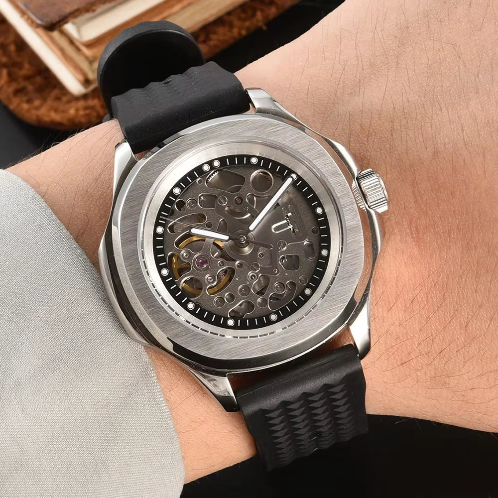39.5Mm Black Automatic Mechanical Hollow Out Watch 904L Stainless Steel Watch Sapphire Glass Watch Waterproof Watch Nh70Movement