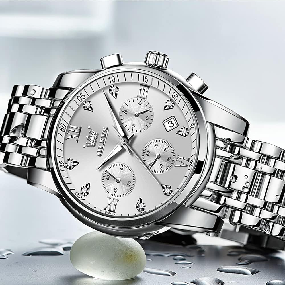 Men'S Stainless Steel Chronograph Watch, Big Face Gold Silver Black Tone Easy to Read Analog Quartz Watch, Luxury Waterproof Date Diamond Roman Arabic Numerals Dial Dress Watch for Men