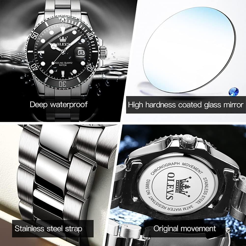 Mens Watches, Silver Dress Gold Classic Luxury Big Large Face Waterproof Watches for Men, Analog Two Tone Stainless Steel Men Wrist Watch with Date Relojes De Hombre (Green/Blue/Black Dial