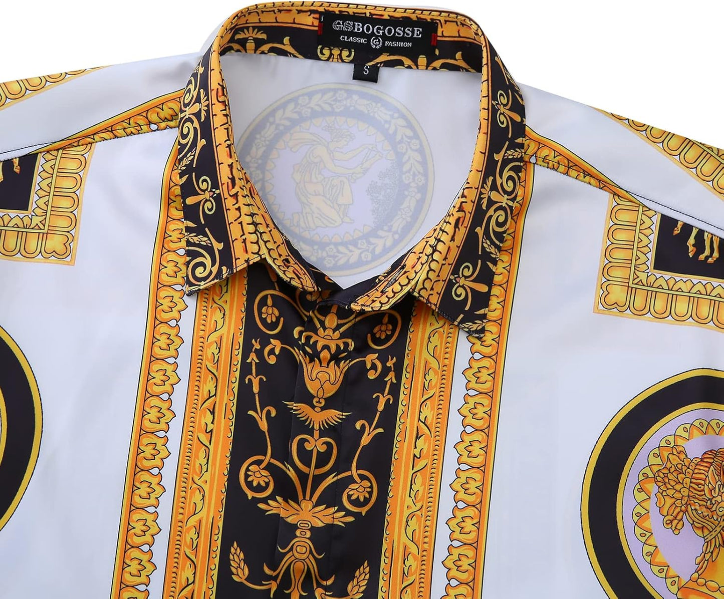 Men Gold Fashion Luxury Printed Satin Long Sleeve Button-Down Shirts Flashy Retro Gorgeous Design Party Gift Shirt