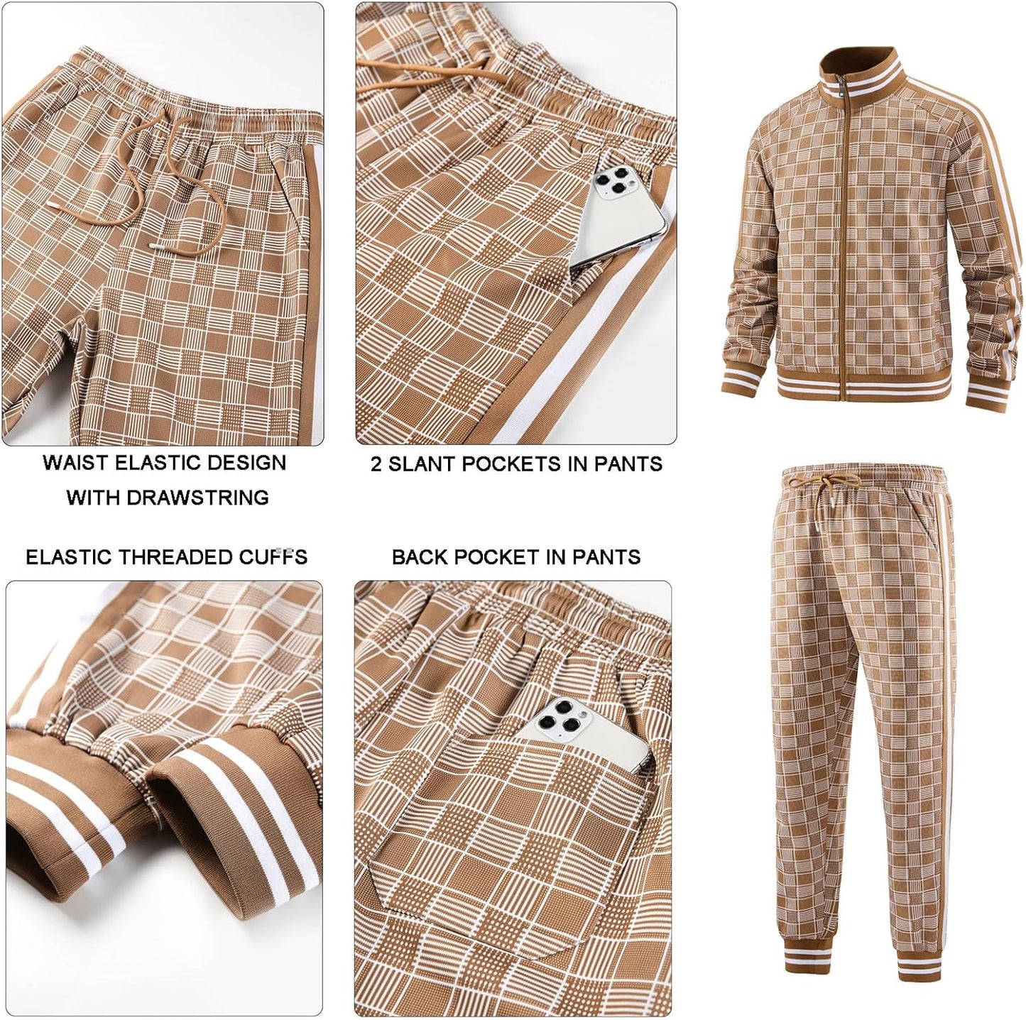 Men Tracksuits Full-Zip Long Sleeve Plaid Track Jackets and Pants 2 Piece