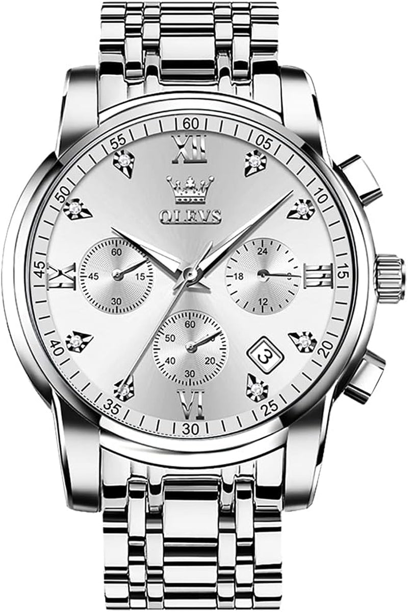 Men'S Stainless Steel Chronograph Watch, Big Face Gold Silver Black Tone Easy to Read Analog Quartz Watch, Luxury Waterproof Date Diamond Roman Arabic Numerals Dial Dress Watch for Men