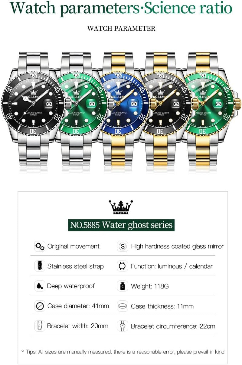 Mens Watches, Silver Dress Gold Classic Luxury Big Large Face Waterproof Watches for Men, Analog Two Tone Stainless Steel Men Wrist Watch with Date Relojes De Hombre (Green/Blue/Black Dial