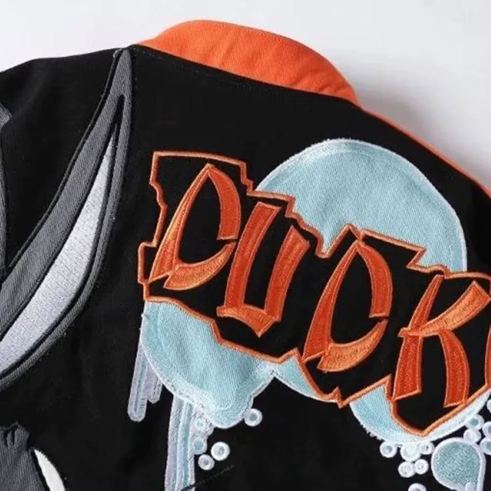 Mens Jacket Y2K Cartoon Character Embroidery Contrast Motorcycle Style Outwear Street Hip Hop Trend Loose Graphic Unisex Clothes