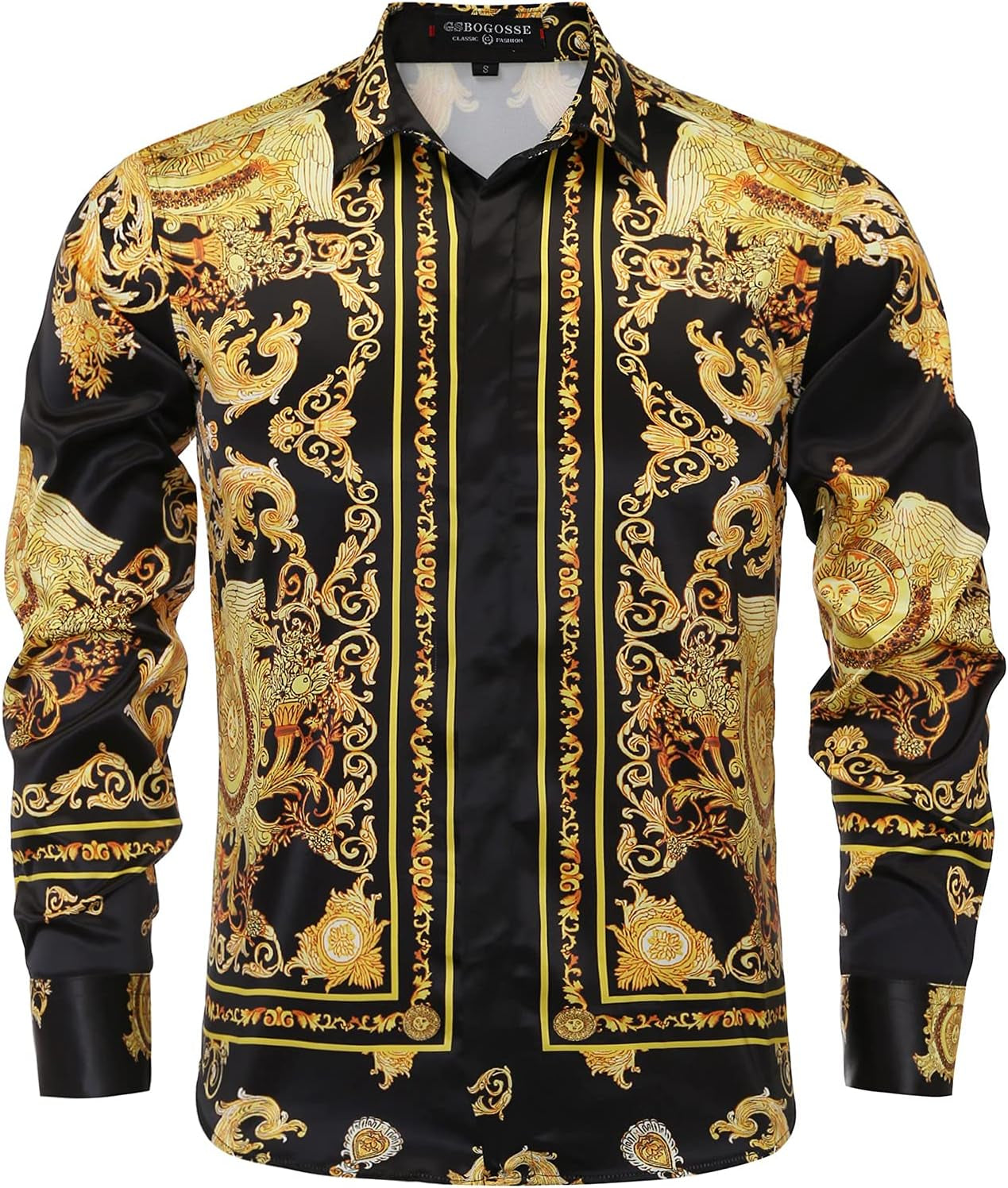 Mens Luxury Brand Printed Silk like Satin Button down Dress Shirt for Party Prom Long Sleeve Slim Fit Floral Nightclub Shirt
