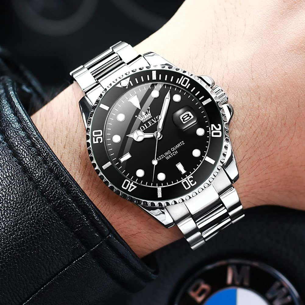 Mens Watches, Silver Dress Gold Classic Luxury Big Large Face Waterproof Watches for Men, Analog Two Tone Stainless Steel Men Wrist Watch with Date Relojes De Hombre (Green/Blue/Black Dial