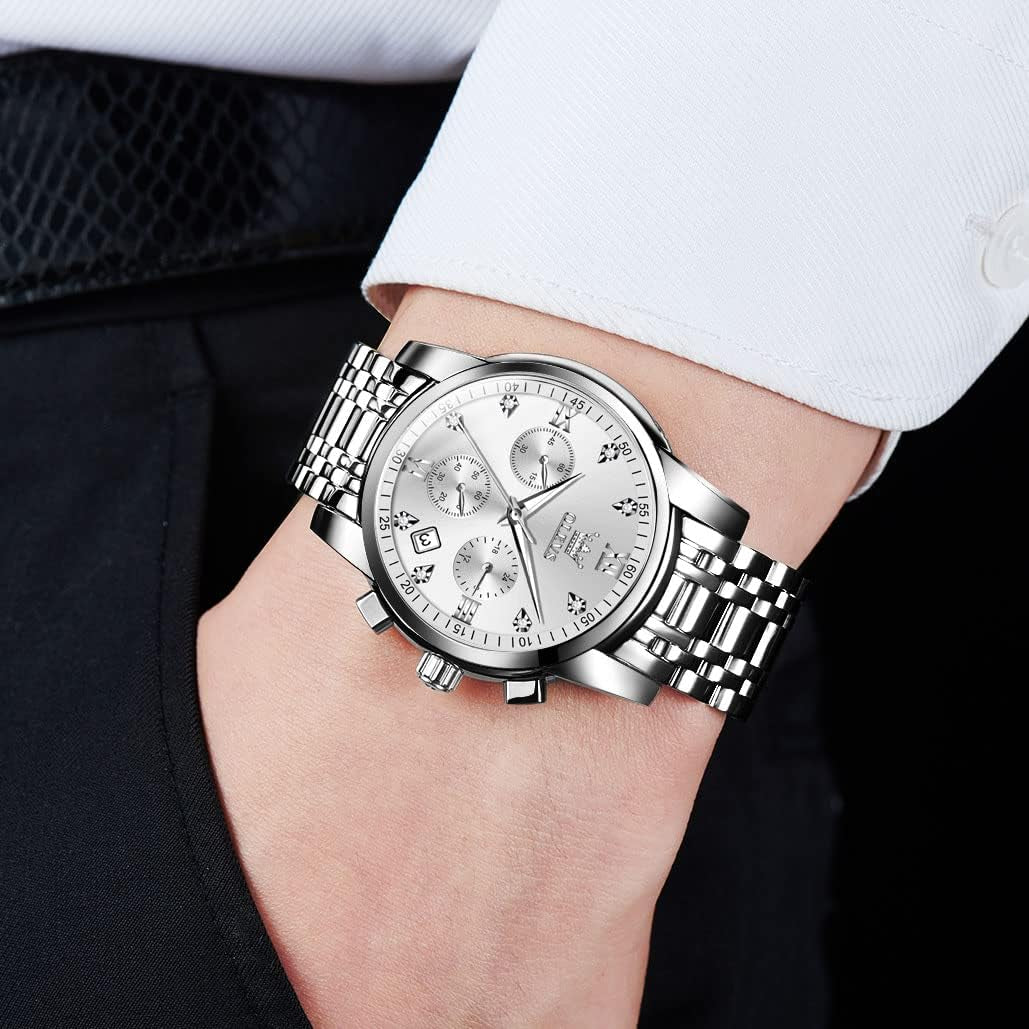 Men'S Stainless Steel Chronograph Watch, Big Face Gold Silver Black Tone Easy to Read Analog Quartz Watch, Luxury Waterproof Date Diamond Roman Arabic Numerals Dial Dress Watch for Men