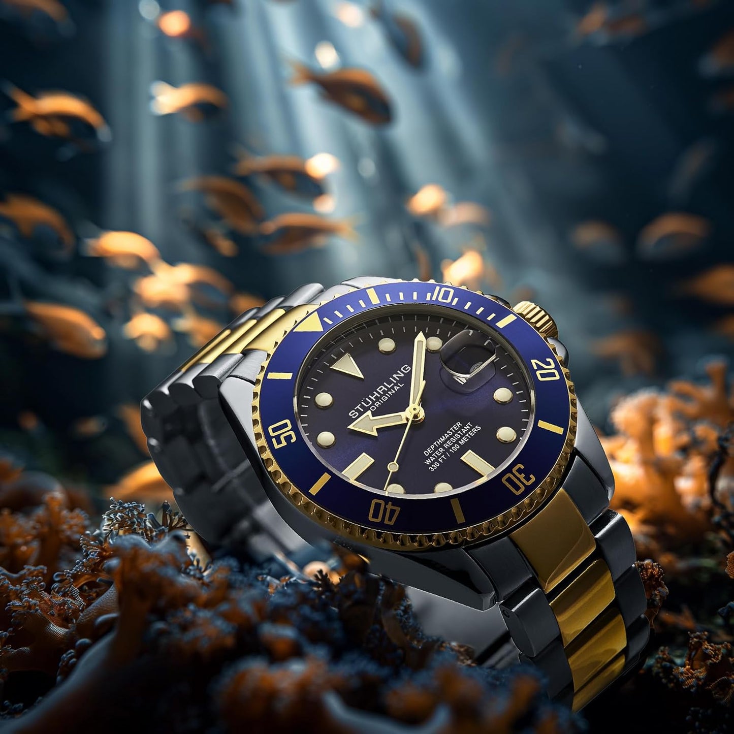 Men'S Dive Watch, Swiss Movement, Stainless Steel, Blue Dial, Stainless Steel Bracelet, 100M Water Resistant