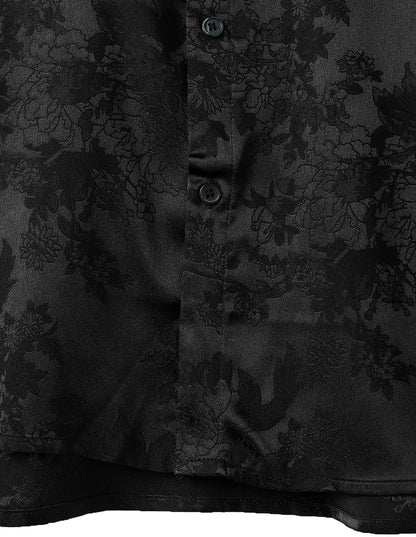 Men'S Shiny Luxury Silk Satin Floral Jacquard Short Sleeve Regular Fit Button down Shirt for Party Prom