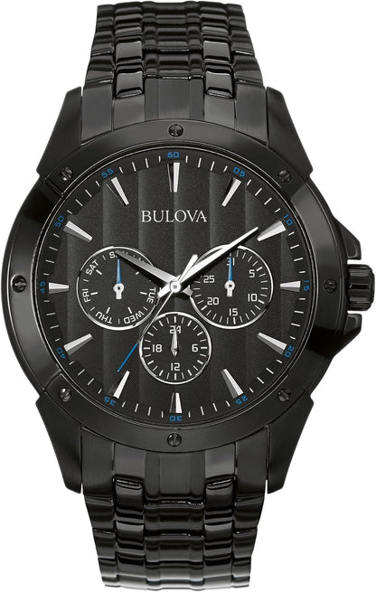 Men'S Classic Dress 6-Hand Multi-Function Day/Date Quartz Watch, Black Patterned Dial, 43Mm