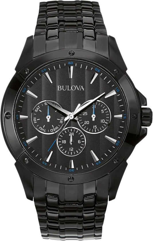 Men'S Classic Dress 6-Hand Multi-Function Day/Date Quartz Watch, Black Patterned Dial, 43Mm
