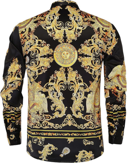 Mens Luxury Brand Printed Silk like Satin Button down Dress Shirt for Party Prom Long Sleeve Slim Fit Floral Nightclub Shirt