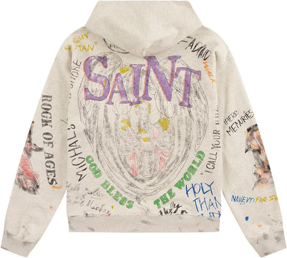 Men Saint Graphic Hoodie Vintage Oversized Graffiti Style Cotton Hoodies Pullover
