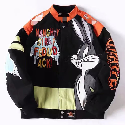 Mens Jacket Y2K Cartoon Character Embroidery Contrast Motorcycle Style Outwear Street Hip Hop Trend Loose Graphic Unisex Clothes