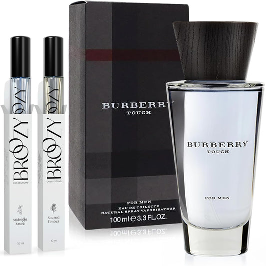 Broozy Collections - Men Cologne Set Bundle with 1 Full Size Burberry Touch Eau De Toilette (100 Ml) and 2 Travel Size Mens Sample Cologne Bottles (10 Ml) - Mens Cologne Gift Set, Men Gift Set Sampler