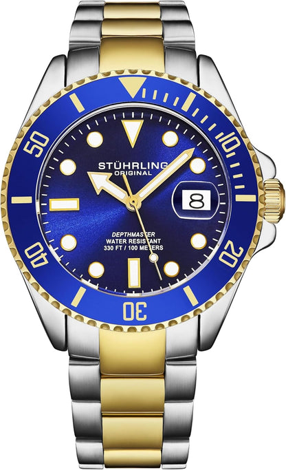 Men'S Dive Watch, Swiss Movement, Stainless Steel, Blue Dial, Stainless Steel Bracelet, 100M Water Resistant