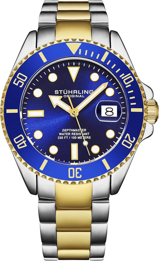 Men'S Dive Watch, Swiss Movement, Stainless Steel, Blue Dial, Stainless Steel Bracelet, 100M Water Resistant