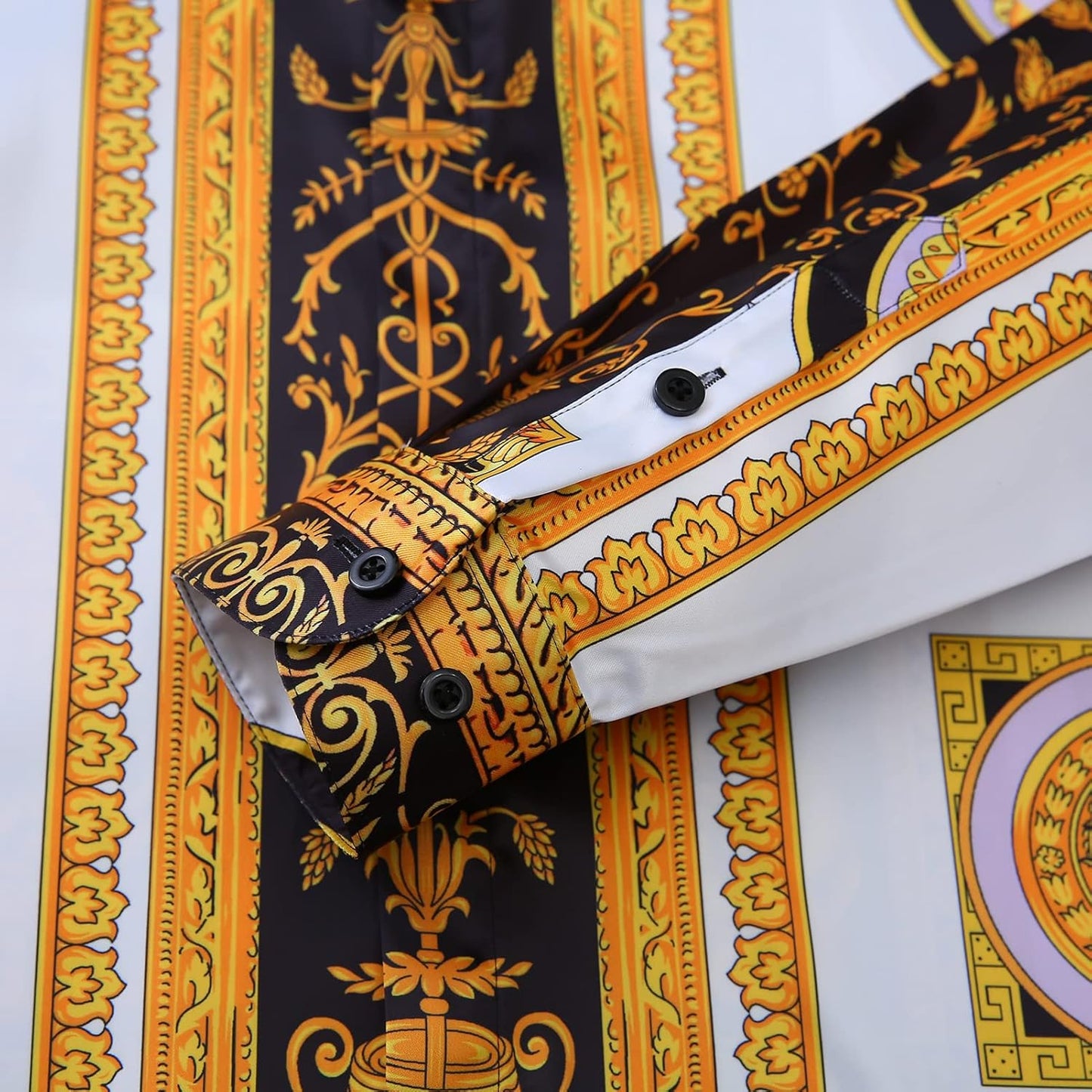Men Gold Fashion Luxury Printed Satin Long Sleeve Button-Down Shirts Flashy Retro Gorgeous Design Party Gift Shirt