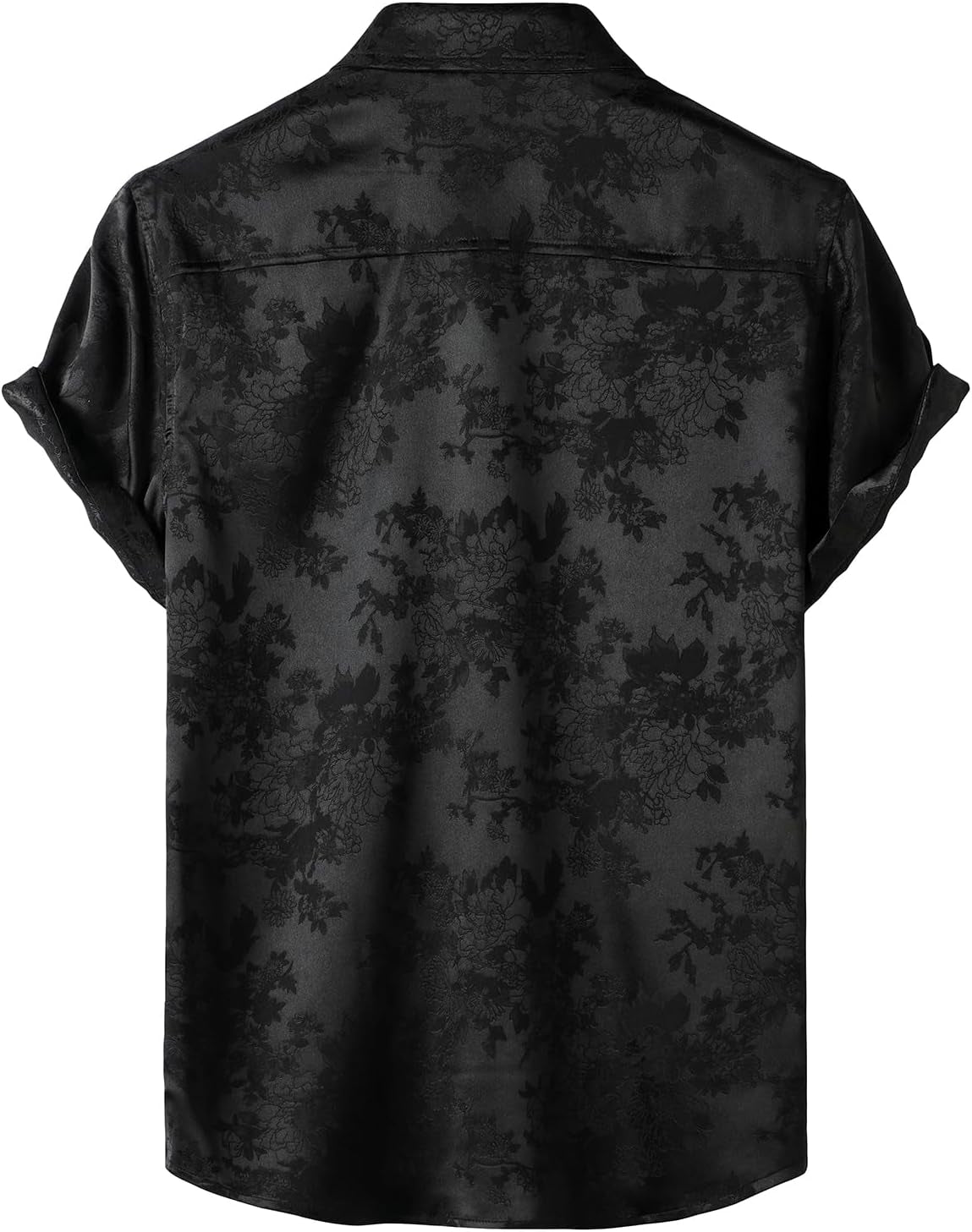 Men'S Shiny Luxury Silk Satin Floral Jacquard Short Sleeve Regular Fit Button down Shirt for Party Prom