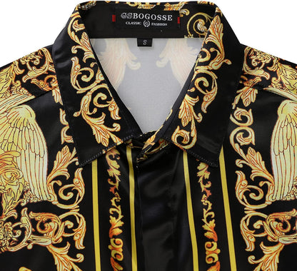 Mens Luxury Brand Printed Silk like Satin Button down Dress Shirt for Party Prom Long Sleeve Slim Fit Floral Nightclub Shirt