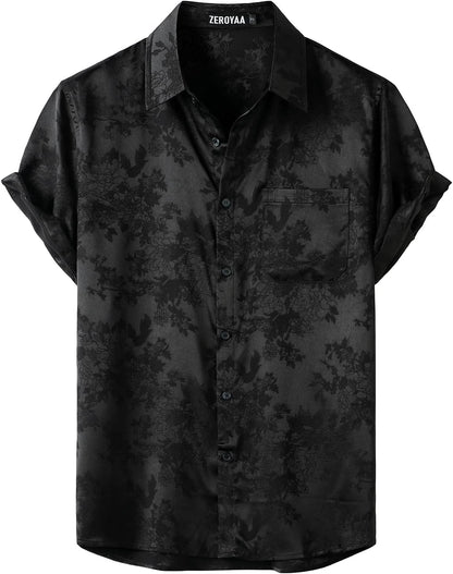 Men'S Shiny Luxury Silk Satin Floral Jacquard Short Sleeve Regular Fit Button down Shirt for Party Prom