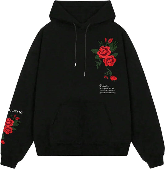 Men'S Graphic Hoodies Floral Letter Print Drawstring Long Sleeve Oversized Pullover Sweatshirt