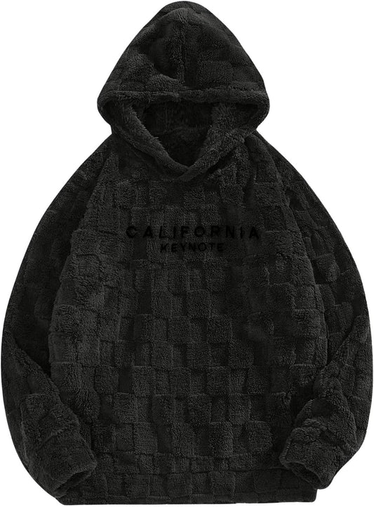 Hoodies for Men Letter Graphic Pullover Hoodie Sherpa Embroidery Long Sleeve Fleece Hooded Sweatshirt