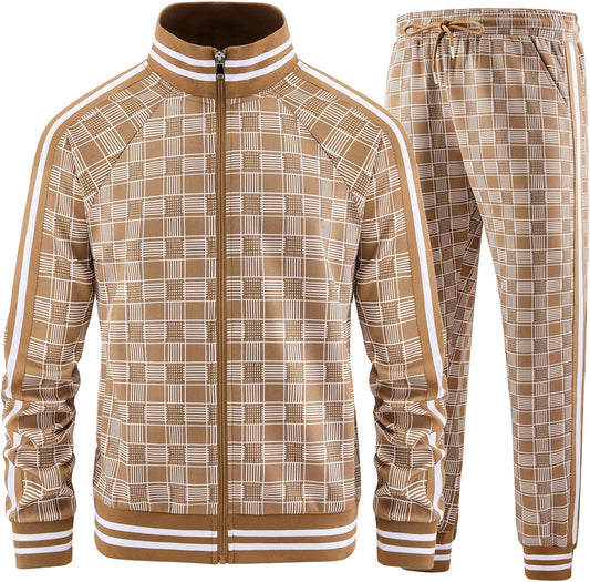 Men Tracksuits Full-Zip Long Sleeve Plaid Track Jackets and Pants 2 Piece