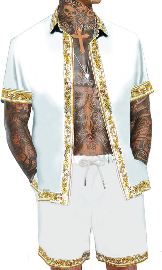 Men'S Hawaiian Shirt and Short Set 2 Piece Outfits Luxury Printed Casual Button down Short Sleeve Satin Shirt Suits