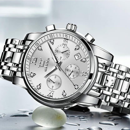 Men'S Stainless Steel Chronograph Watch, Big Face Gold Silver Black Tone Easy to Read Analog Quartz Watch, Luxury Waterproof Date Diamond Roman Arabic Numerals Dial Dress Watch for Men