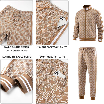 Men Tracksuits Full-Zip Long Sleeve Plaid Track Jackets and Pants 2 Piece
