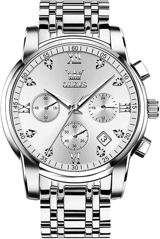 Men'S Stainless Steel Chronograph Watch, Big Face Gold Silver Black Tone Easy to Read Analog Quartz Watch, Luxury Waterproof Date Diamond Roman Arabic Numerals Dial Dress Watch for Men
