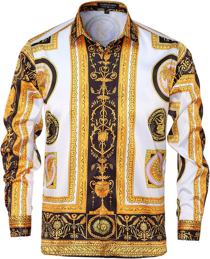 Men Gold Fashion Luxury Printed Satin Long Sleeve Button-Down Shirts Flashy Retro Gorgeous Design Party Gift Shirt