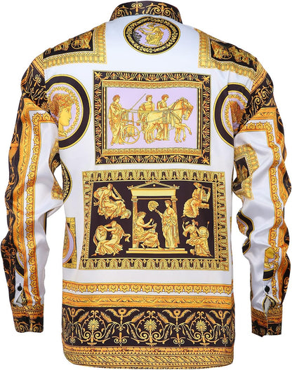 Men Gold Fashion Luxury Printed Satin Long Sleeve Button-Down Shirts Flashy Retro Gorgeous Design Party Gift Shirt