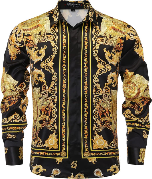 Mens Luxury Brand Printed Silk like Satin Button down Dress Shirt for Party Prom Long Sleeve Slim Fit Floral Nightclub Shirt