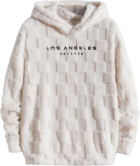 Men'S Fuzzy Pullover Hoodie Long Sleeve Letter Embroidery Hooded Sweatshirt