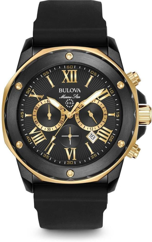 Men'S Marine Star Series a Black and Rose Gold Ion-Plated Stainless Steel 6-Hand Chronograph Quartz Watch, Black Silicone Strap Style: 98B278