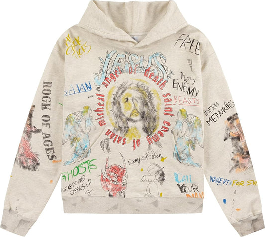 Men Saint Graphic Hoodie Vintage Oversized Graffiti Style Cotton Hoodies Pullover